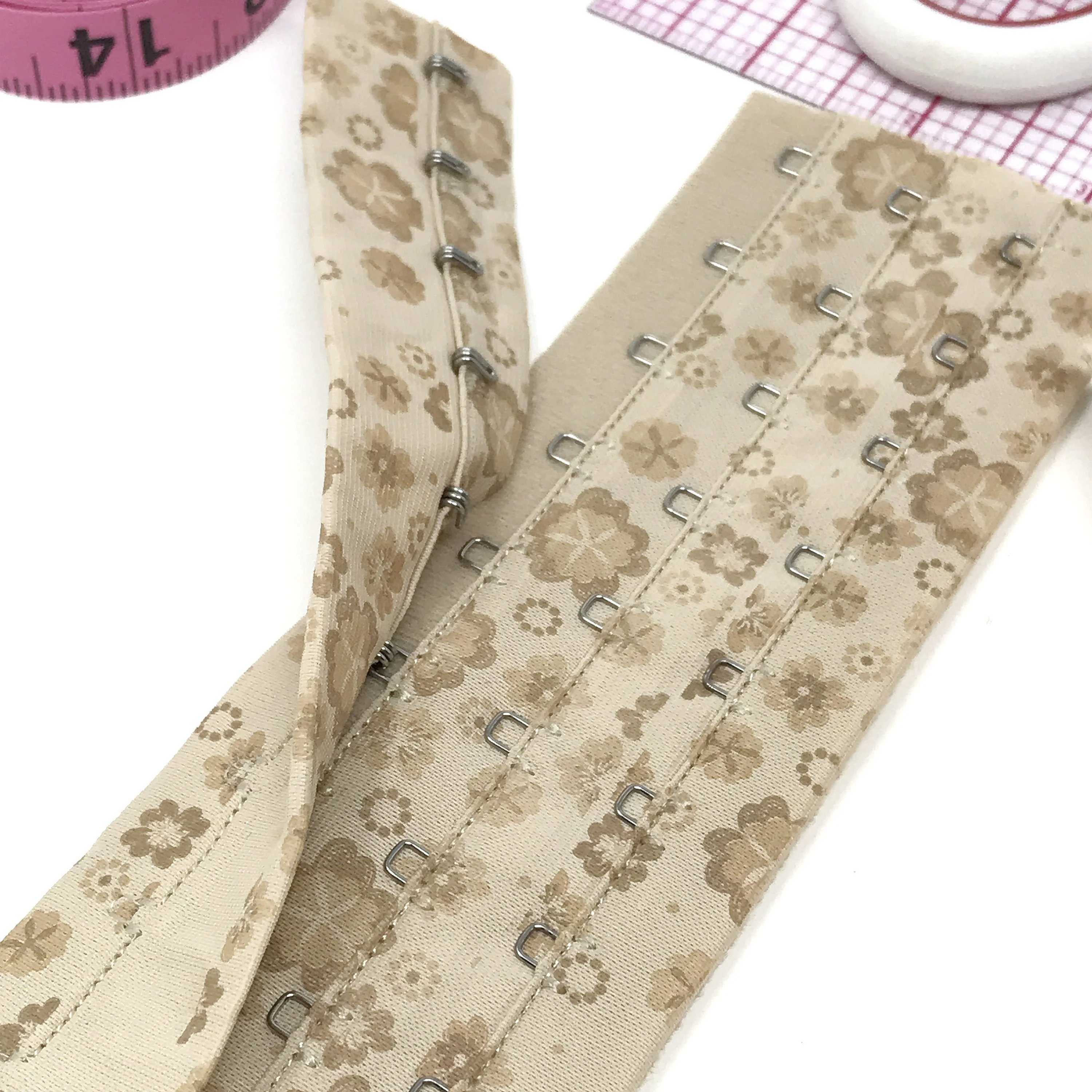 CLEARANCE– Continuous 3 or 2 Row Hook and Eye Tape, in Beige Flower Print- by the 1/4 Yard - Image 4