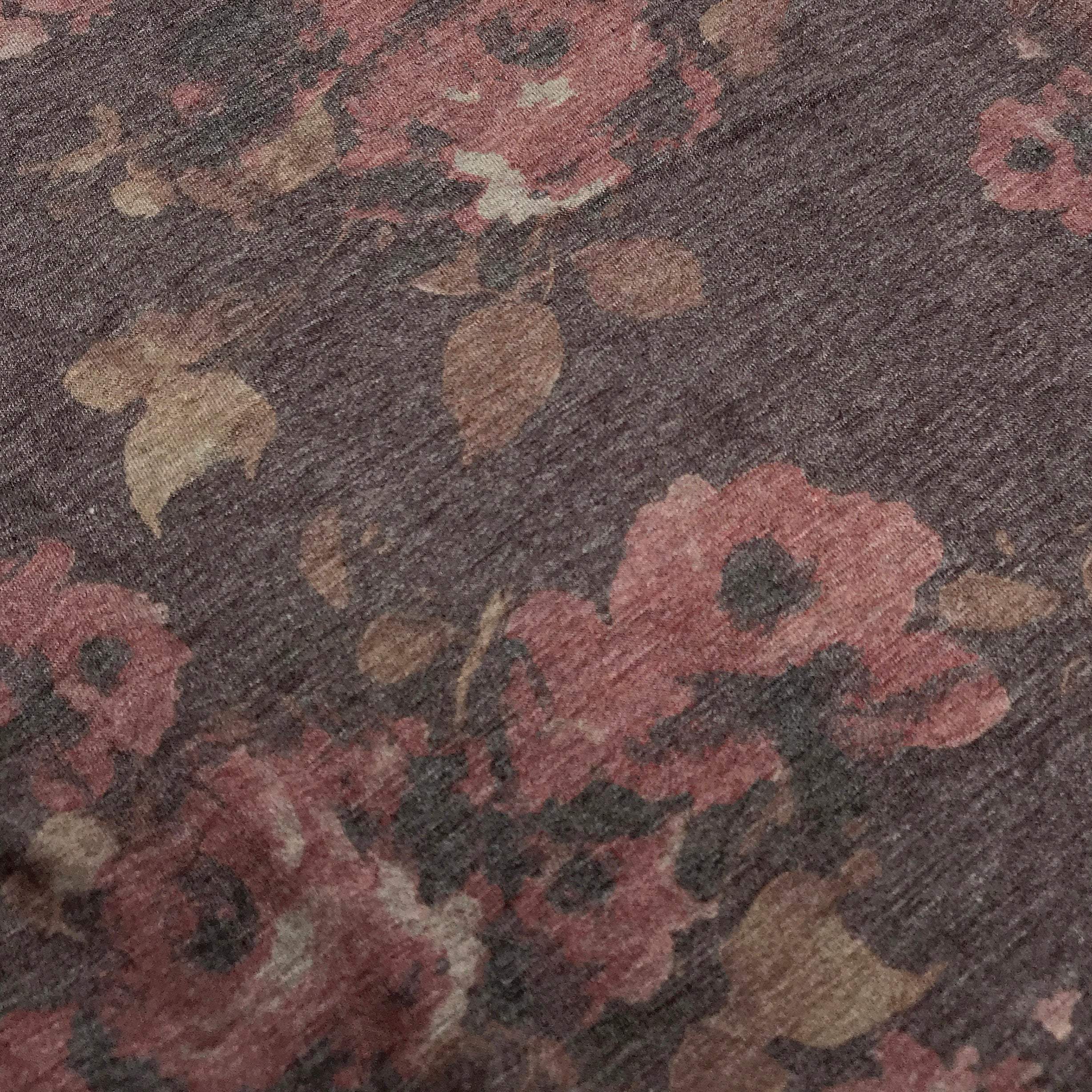 French Terry Knit Fabric Heather Chocolate Brown with Flower Print- by the 1/2 Yard - Image 3