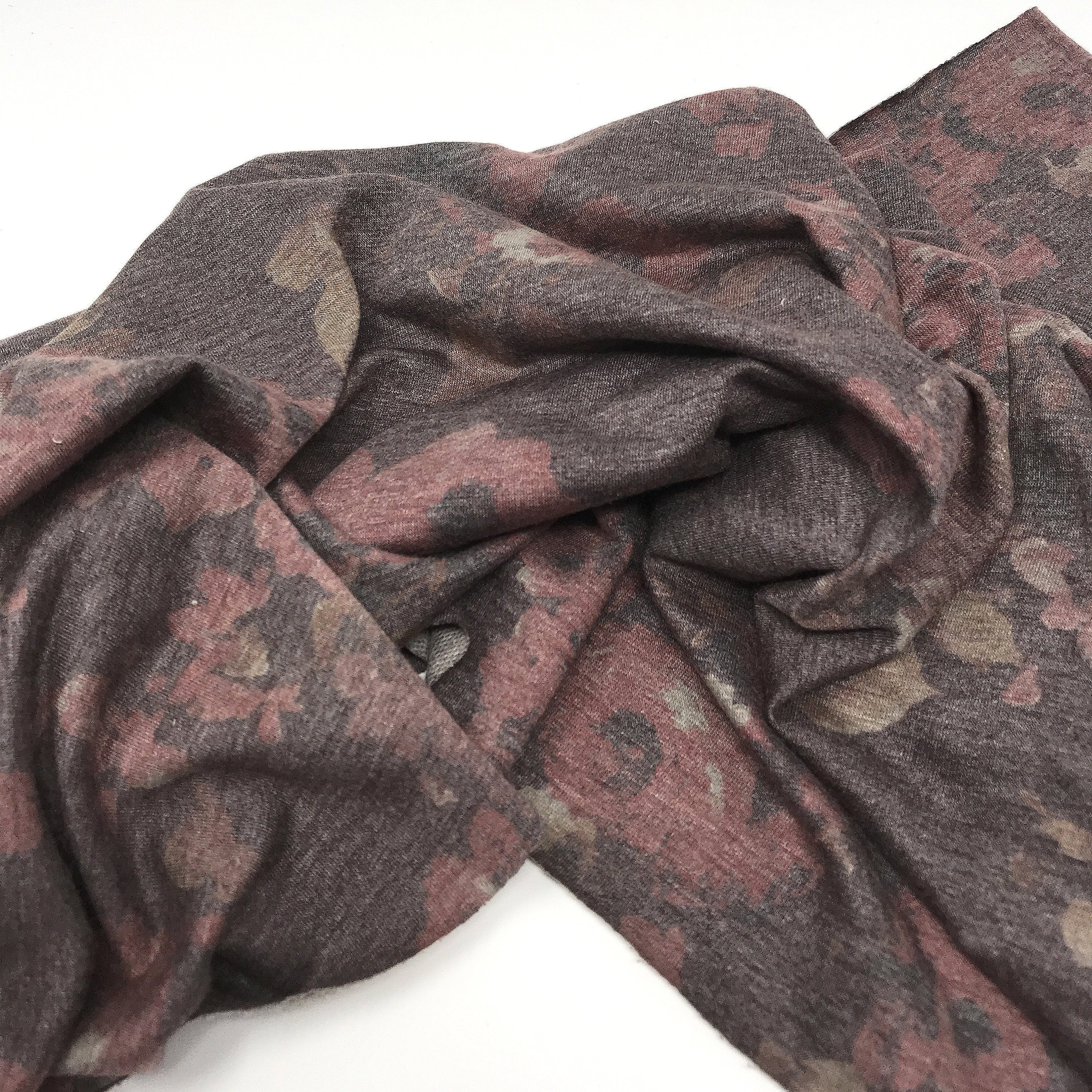 French Terry Knit Fabric Heather Chocolate Brown with Flower Print- by the 1/2 Yard - Image 5